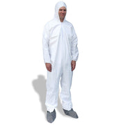 Sterile cleanroom disposable coveralls with attached hood, zipper front, elastic wrists, and boot covers in large size, ideal for contamination control
