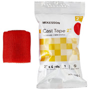 Red fiberglass cast tape roll, 2-inch width, used for medical fracture casting, with water-activated resin, packaged in plastic.