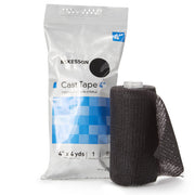 Black fiberglass cast tape with water-activated resin, 4-inch width, 4-yard length, used for orthopedic immobilization, SKU: 115-4
