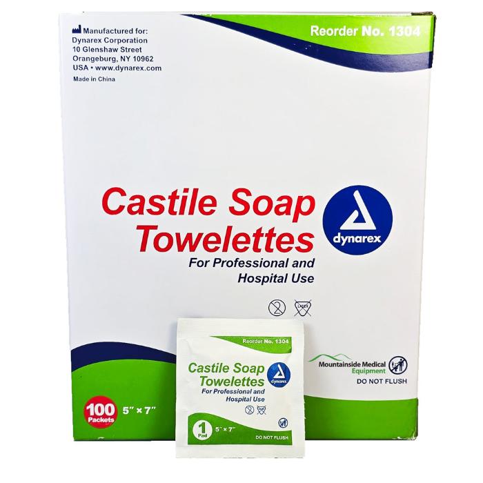 Dynarex Castile Soap Towelettes, 5" X 7", Box Of 100 Wipes - Gentle Cleansing For Hands & Body