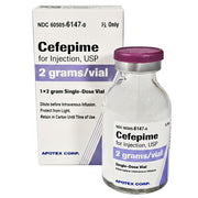 Silver vial with purple cap containing Cefepime Injection 2 grams, labeled for single-dose intravenous use, in front of packaging box.