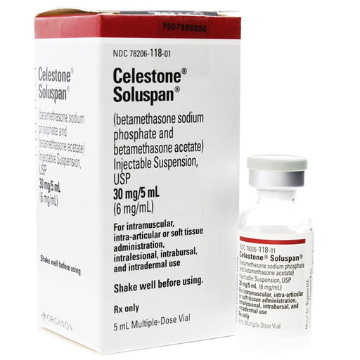 Celestone Soluspan Injection vial for managing severe inflammation, joint pain, and allergic reactions in a clinical setting.