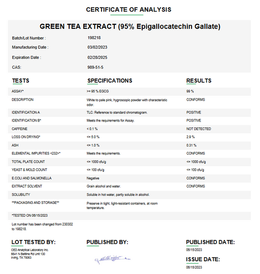 Certificate of Analysis for Green Tea Extract 95% USP (Epigallocatechin Gallate) 
