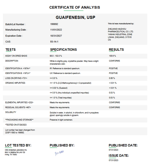 Certificate of Analysis for Guaifenesin USP API For Compounding by Medisca