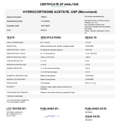 Laboratory certificate of analysis for micronized hydrocortisone acetate USP, showing detailed test results and specifications