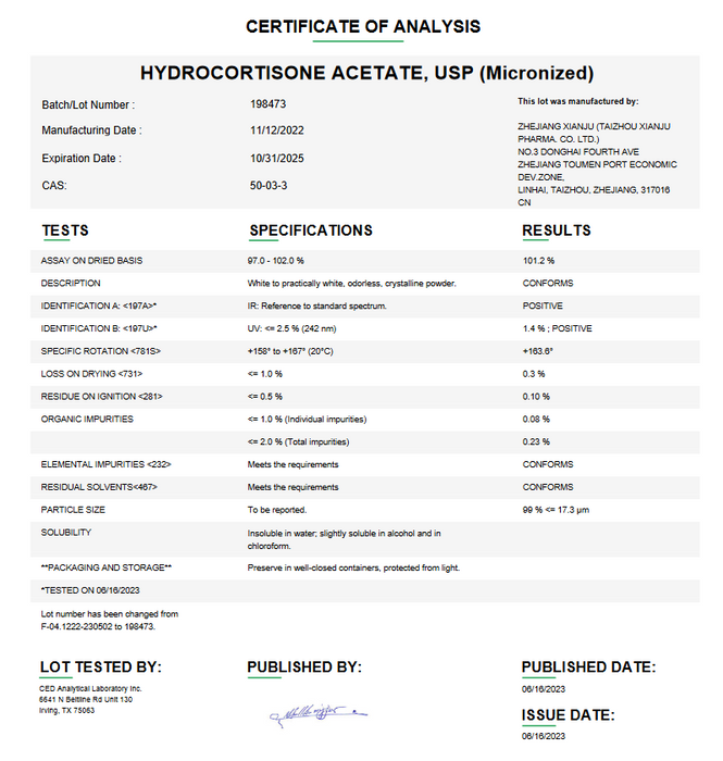 Certificate of Analysis for Hydrocortisone Acetate USP (Micronized)