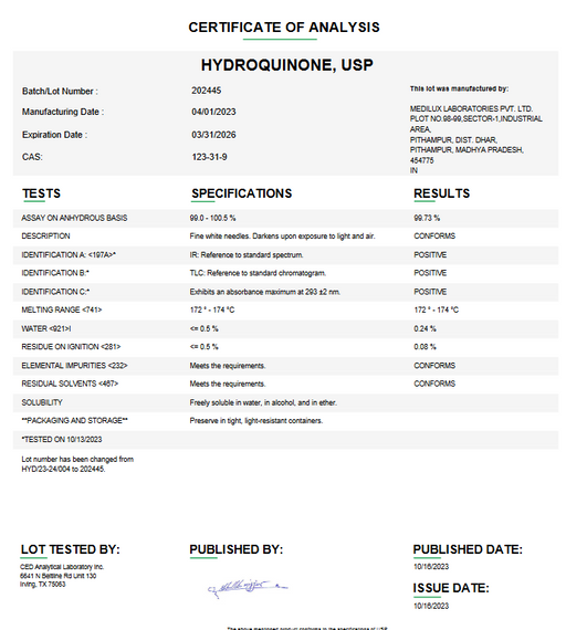 Certificate of Analysis for Hydroquinone USP For Compounding (API)