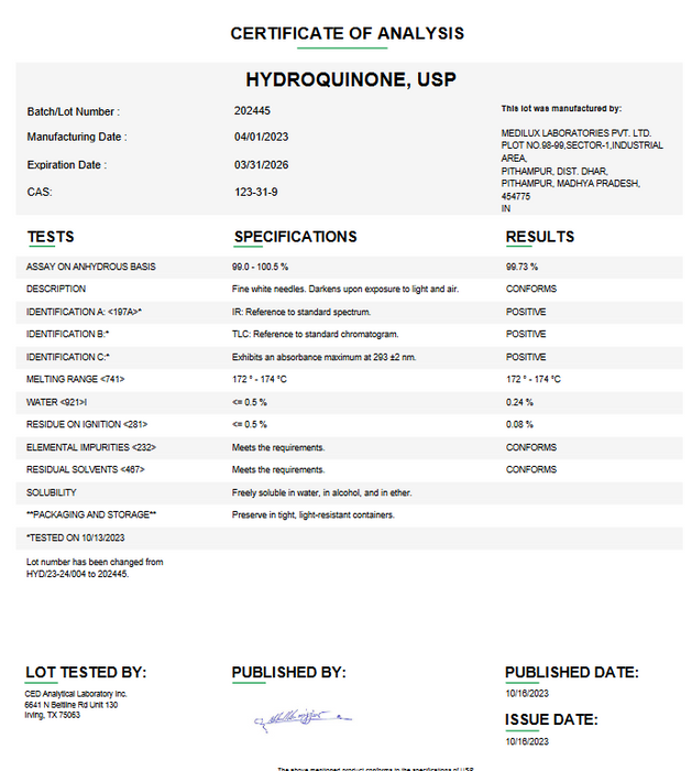 Certificate of Analysis for Hydroquinone USP For Compounding (API)