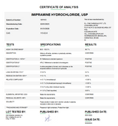 Certificate of Analysis for Imipramine Hydrochloride USP For Compounding (API)