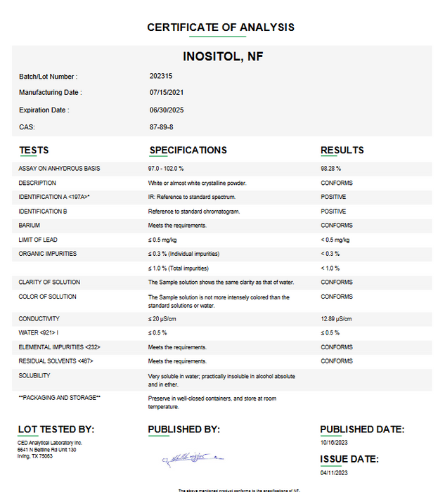 Certificate of Analysis for Inositol NF USP For Compounding (API)