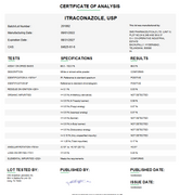 Certificate of Analysis for Itraconazole USP Compounding (API)