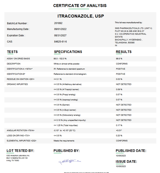 Certificate of Analysis for Itraconazole USP Compounding (API)