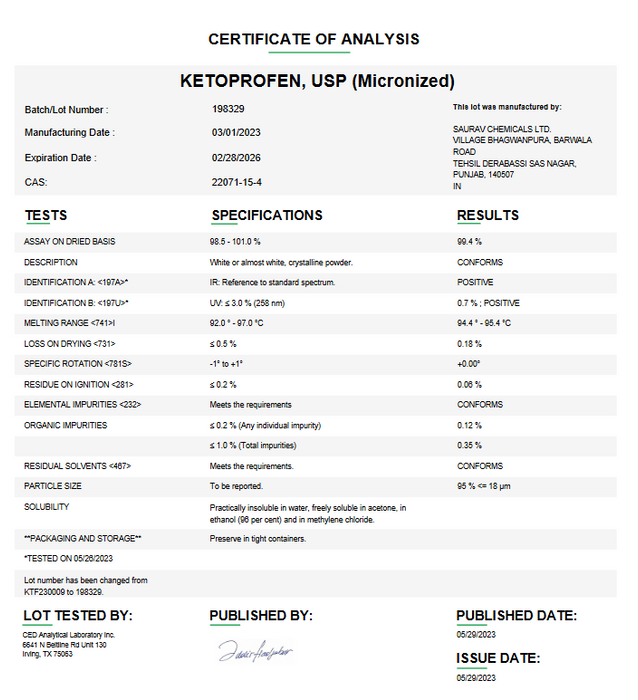 Certificate of Analysis for Ketoprofen USP (Micronized) For Compounding (API)