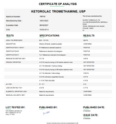 Certificate of Analysis for Ketorolac Tromethamine USP For Compounding (API)