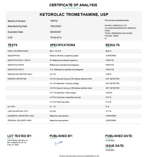 Certificate of Analysis for Ketorolac Tromethamine USP For Compounding (API)