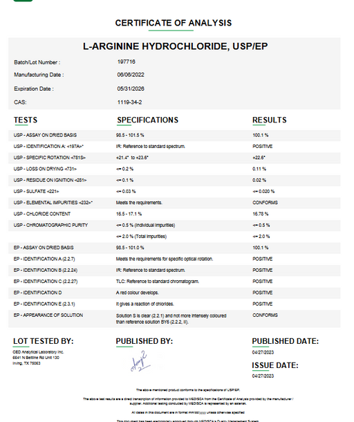 Certificate of Analysis for L-Arginine USP Amino Acid For Compounding (API)