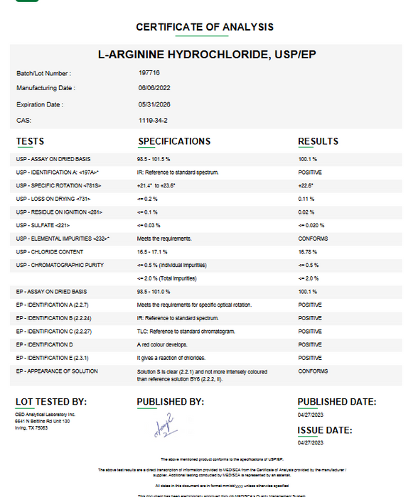 Certificate of Analysis for L-Arginine USP Amino Acid For Compounding (API)