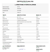 Certificate of Analysis for L-Ornithine Hydrochloride USP For Compounding (API)