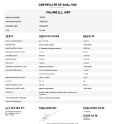 Laboratory certificate of analysis for Valine (L) USP showing test results, manufacturing details, and specifications for pharmaceutical use