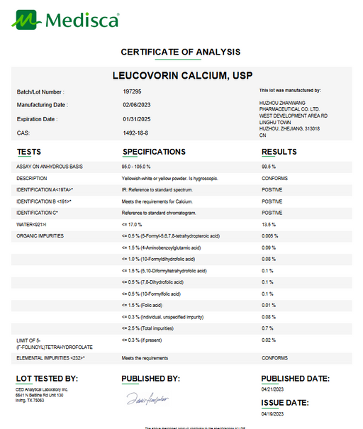 Certificate of Analysis for Leucovorin Calcium USP For Compounding (API) by Medisca