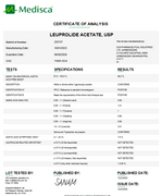 Laboratory analysis certificate for Leuprolide Acetate USP, printed on white paper with green Medisca logo, detailing test results and specifications