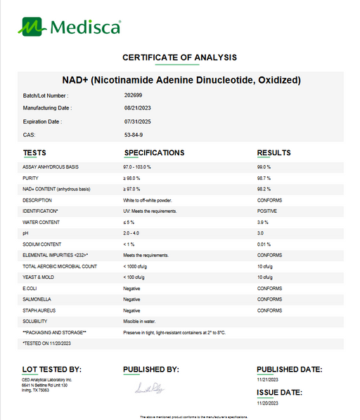 Certificate of Analysis for NAD+ (Nicotinamide Adenine Dinucleotide) (Oxidized) For Compounding