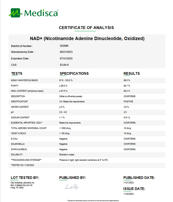 Certificate of Analysis for NAD+ (Nicotinamide Adenine Dinucleotide) (Oxidized) For Compounding