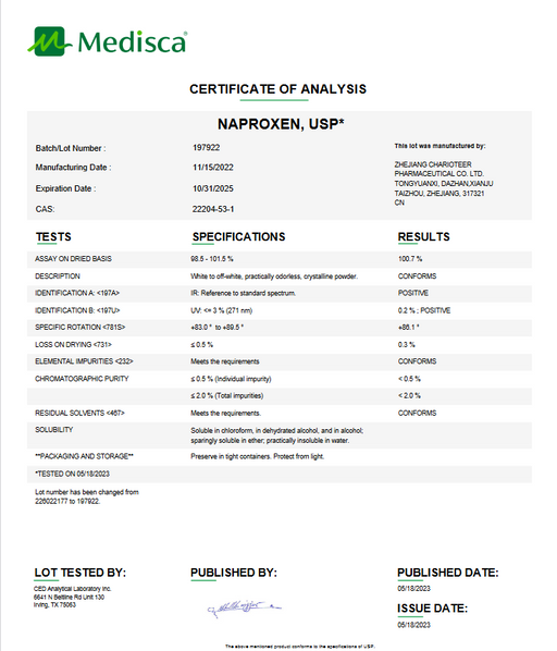 Certificate of Analysis for Naproxen USP Powder For Compounding (API)