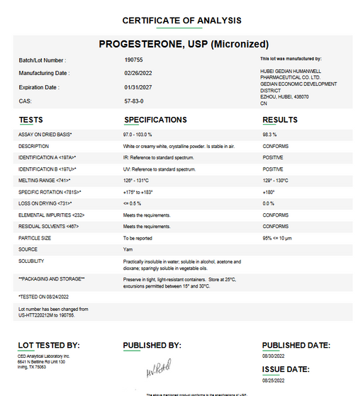 Certificate of Analysis for Progesterone USP (Micronized) For Compounding (API),