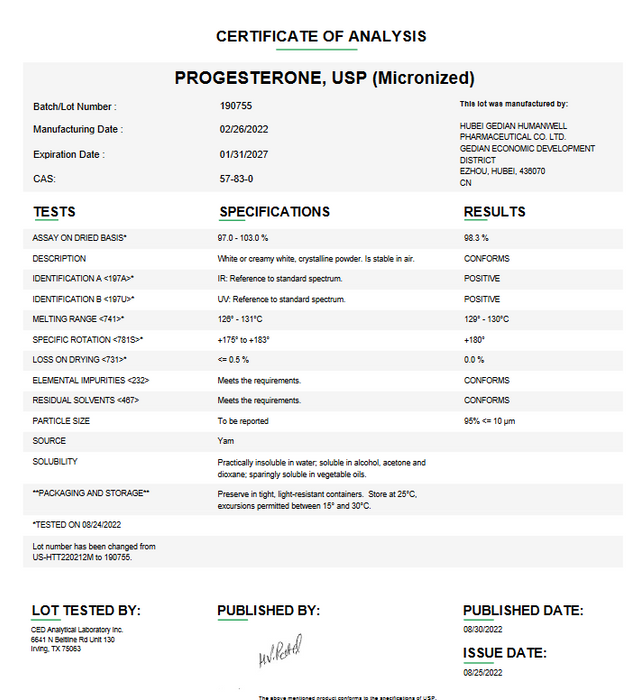 Certificate of Analysis for Progesterone US