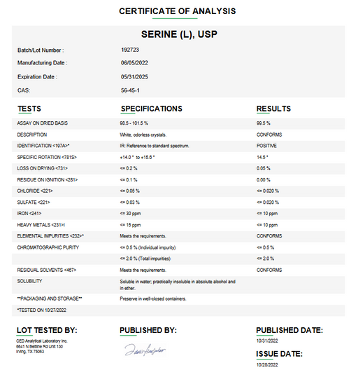 Certificate of Analysis for Serine (L) USP For Compounding