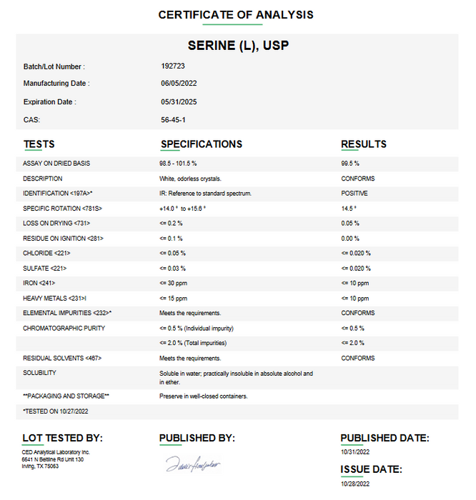 Certificate of Analysis for Serine USP