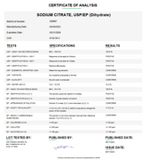 Certificate of Analysis forSodium Citrate USP (Dihydrate) For Compounding (API)
