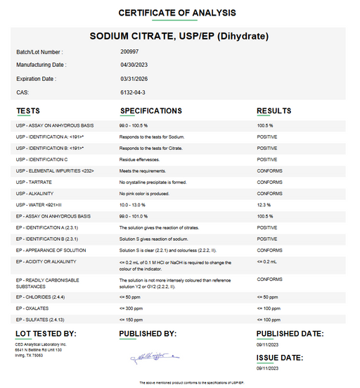 Certificate of Analysis forSodium Citrate USP (Dihydrate) For Compounding (API)