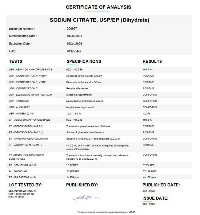 Certificate of Analysis for Sodium Citrate USP 