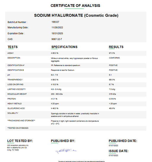 Certificate of Analysis for Sodium Hyaluronate (Cosmetic Grade) For Compounding (API)