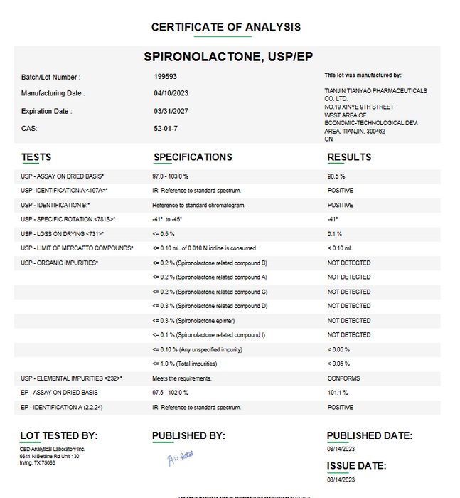 Certificate of Analysis for Spironolactone USP