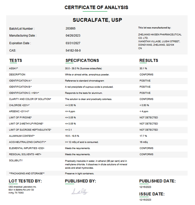 Certificate of Analysis for Sucralfate USP For Compounding (API)