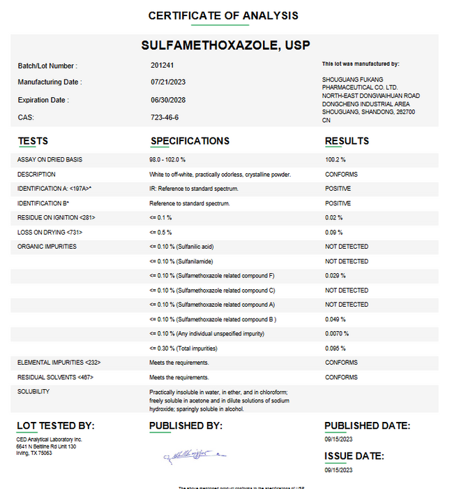 Certificate of Analysis for Sulfamethoxazole USP For Compounding (API) by Medisca
