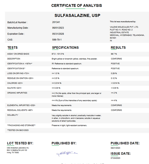 Certificate of Analysis for Sulfasalazine USP For Compounding (API) by Medisca