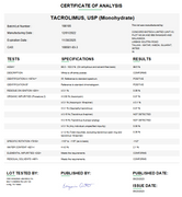 Certificate of Analysis for Tacrolimus USP (Monohydrate) For Compounding (API) by Medisa