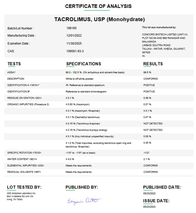Certificate of Analysis for Tacrolimus USP (Monohydrate) For Compounding (API) by Medisa
