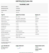 Certificate of Analysis for Taurine USP For Compounding (API) by Medisca