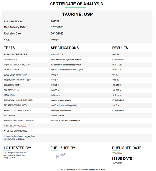 Certificate of Analysis for Taurine USP For Compounding (API) by Medisca