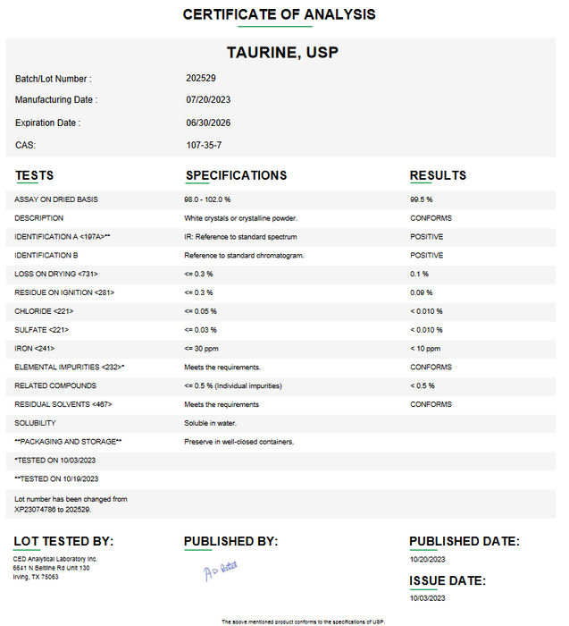 Certificate of Analysis for Taurine USP 