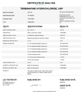 Certificate of Analysis for Terbinafine Hydrochloride USP For Compounding (API) by Medisca