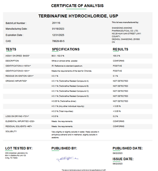 Certificate of Analysis for Terbinafine Hydrochloride USP For Compounding (API) by Medisca