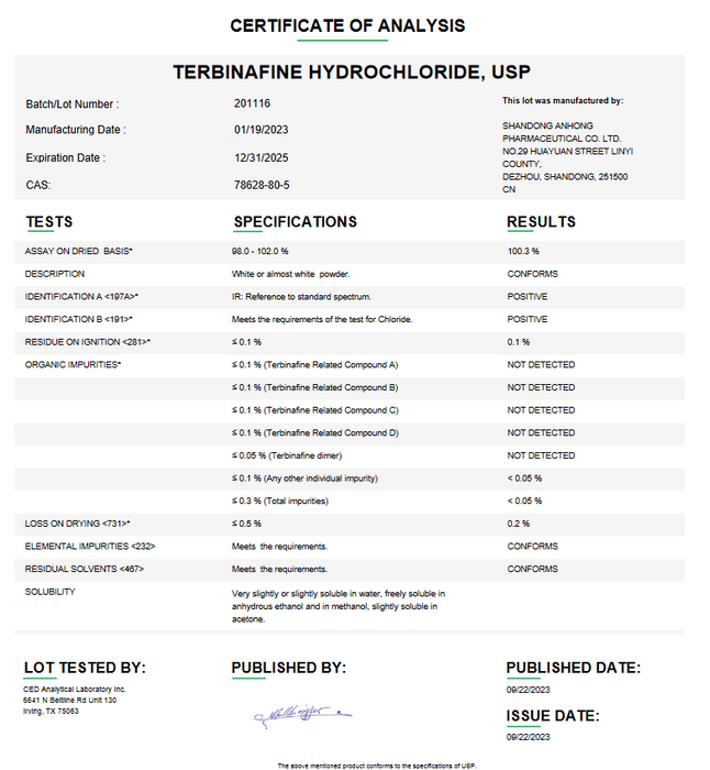 Certificate of Analysis for Terbinafine Hydrochloride USP