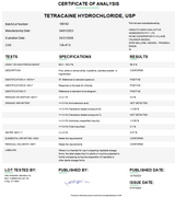Certificate of Analysis for Tetracaine Hydrochloride USP For Compounding (API) By Medisca