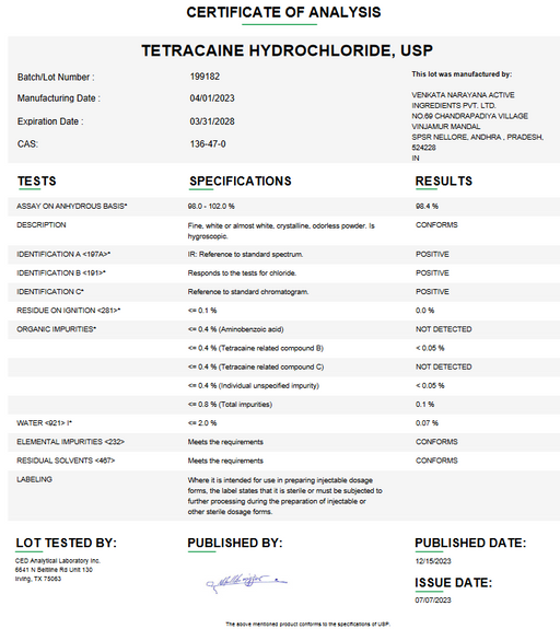 Certificate of Analysis for Tetracaine Hydrochloride USP For Compounding (API) By Medisca